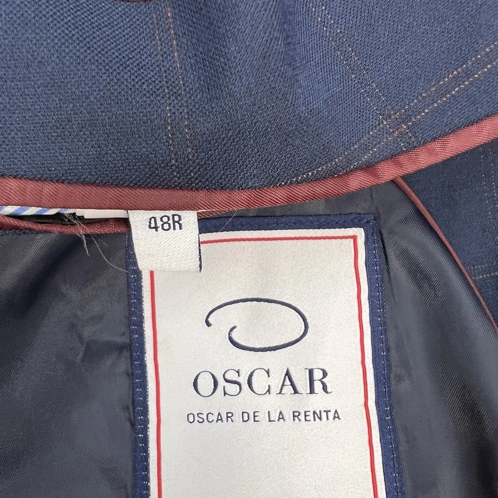 Oscar De La Renta Blazer Men 48R Classic Fit Polyester Blend Stretch Navy/Orange